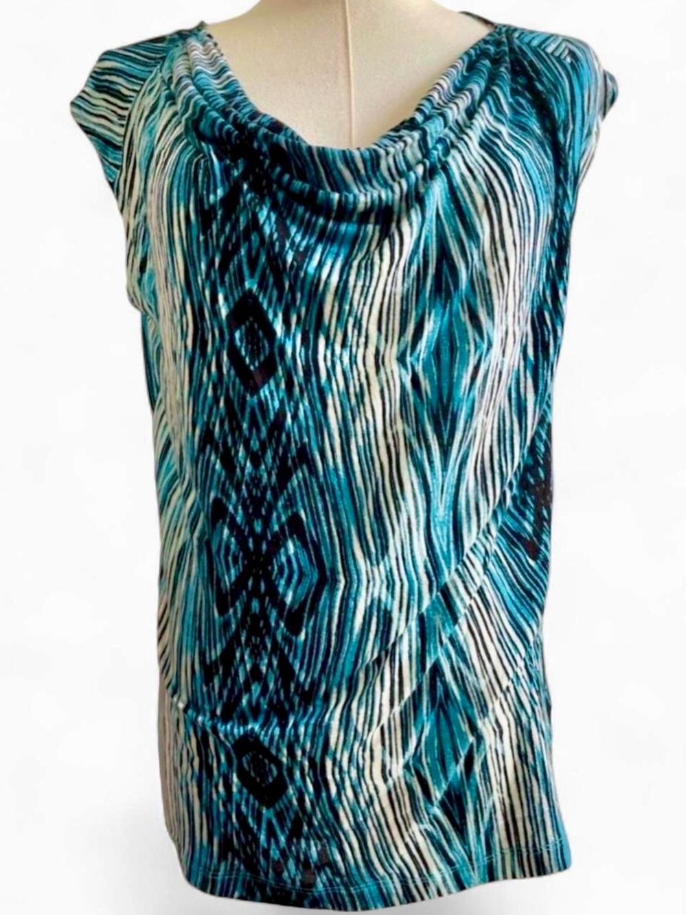 Derek Lam Kohls Abstract Teal Woodgrain Cowl Neck Sleeveless Blouse Tank Top S